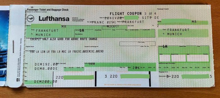 IATA standard flight coupon for a jumpseat flight from Frankfurt to Munich