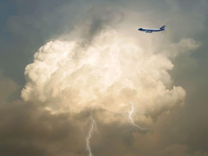 Airplane flying through storm