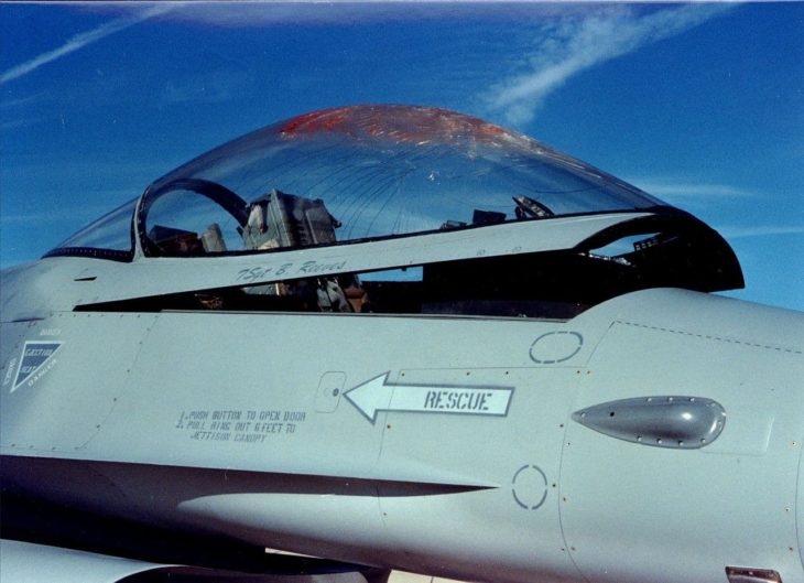 Canopy of an F16 broken after a bird strike