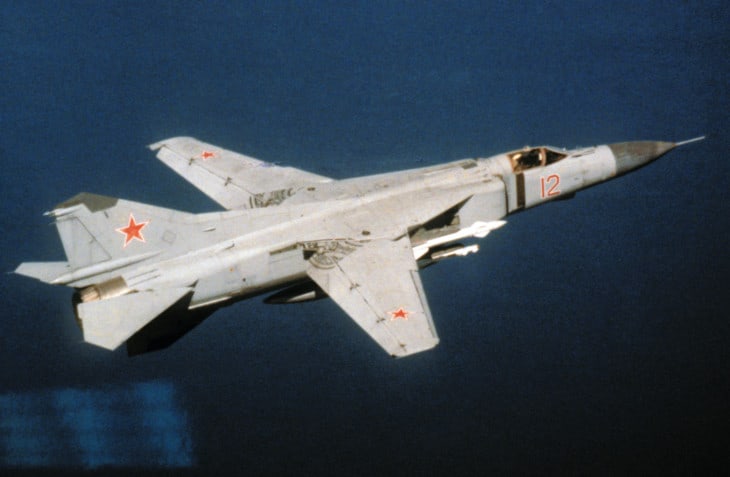 A Soviet Mikoyan Gurevich MiG 23M Flogger in flight in 1989.