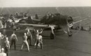 Grumman F6F 3 Hellcat flown by Commander Joseph C. Clifton prepares to launch from the USS SARATOGA