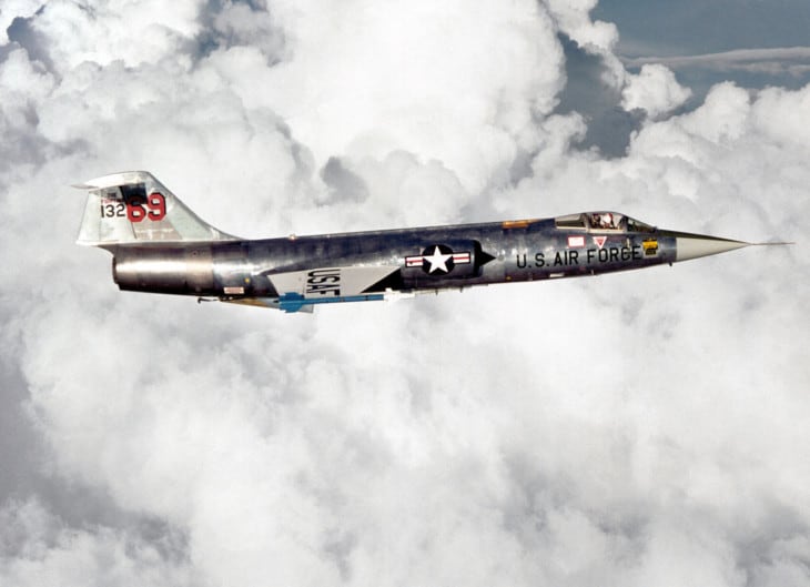 Lockheed F 104G Starfighter during a training flight on 1 August 1979 armed with two AIM 9J Sidewinder air to air missiles.