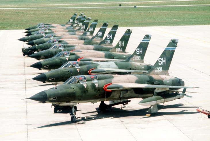 Republic F 105F 1 RE 22Thunderchief22 sn 63 0331 foreground and nine F 105Ds of the U.S. Air Force Reserve 465th Tactical Fighter Squadron 507th Tactical Fighter Group