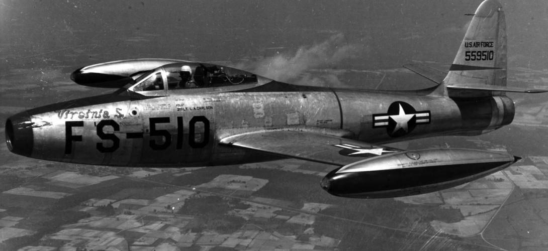 Republic F 84B Thunderjet in flight.