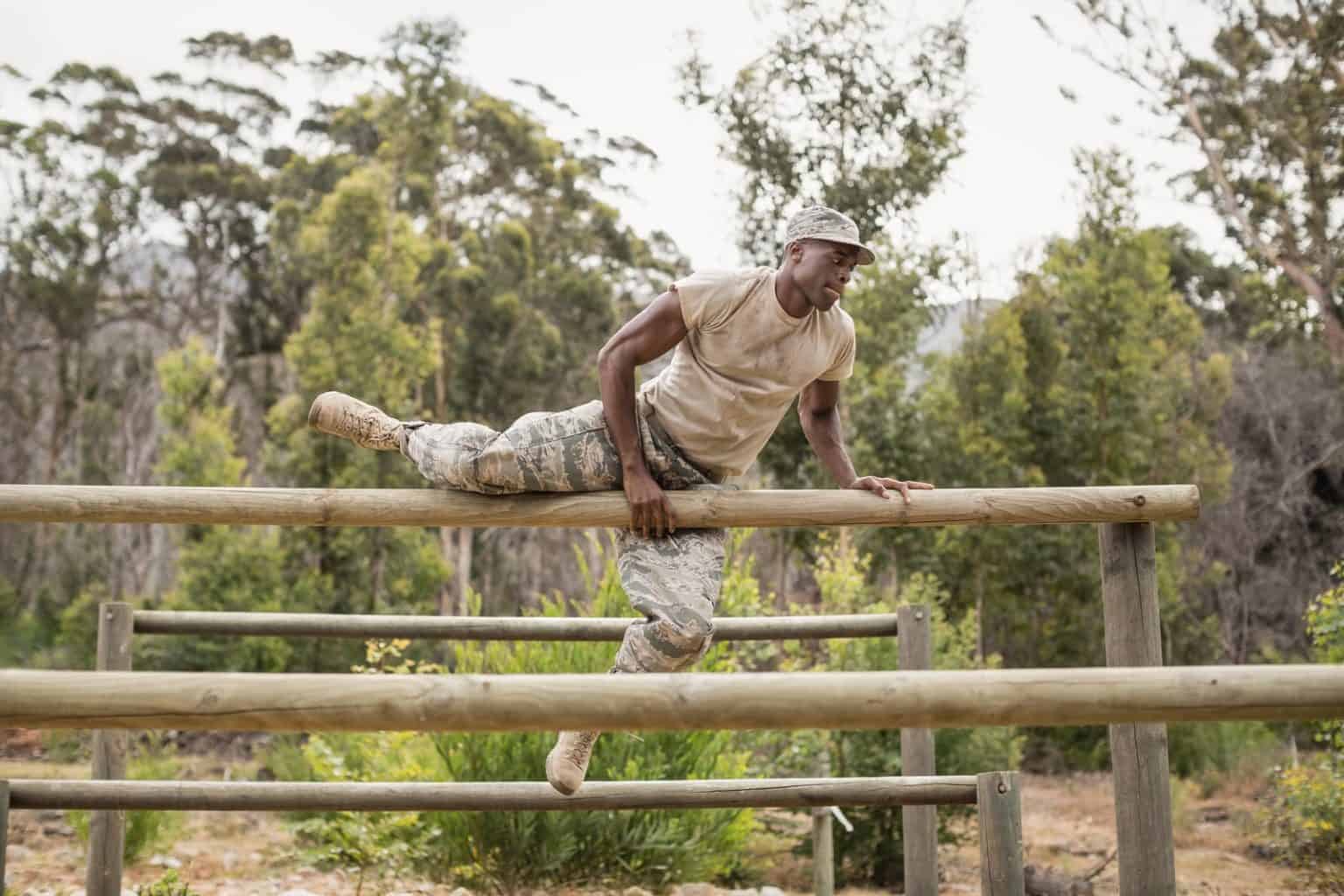 Military soldier training on fitness trail