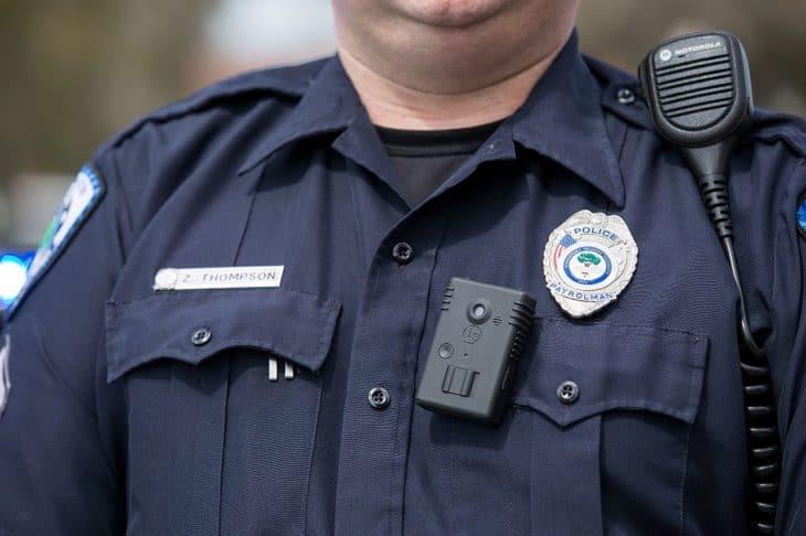 Policeman with body camera in North Charleston South Carolina USA