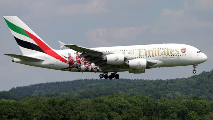 Emirates Airbus A380-800 on approach sideview
