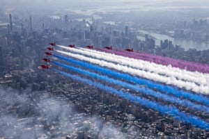 The Royal Air Force Aerobatic Team The Red Arrows fly over New York