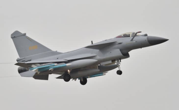 A Chengdu J 10B carrying PL 10 and PL 12 air to air missiles.
