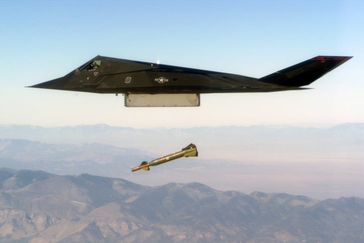 An F 117 Nighthawk engages its target and drops a GBU 27 guided bomb.