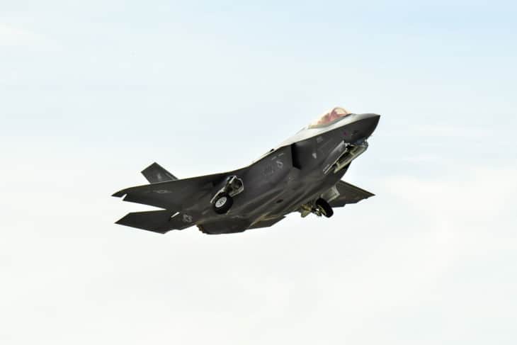 An F 35A Lightning II taking off.