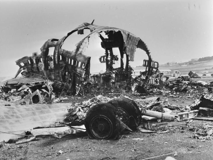 Wreckage on the runway of Los Rodeos after the Tenerife airport disaster. 1977