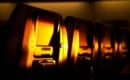 Airplane chairs lighted by sunset
