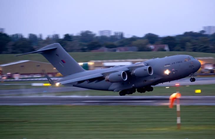 Royal Air Force Boeing C17A ZZ175 seen departing Birmingham on a touch and go during a training sortie