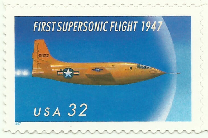 A 1997 United States Postal Service stamp commemorates Bell X-1, the first plane to fly faster than the speed of sound