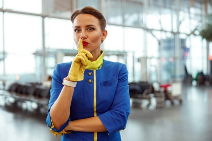 female flight attendant doing shush gesture at airport