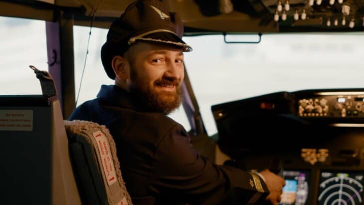 pilot in cockpit with beard