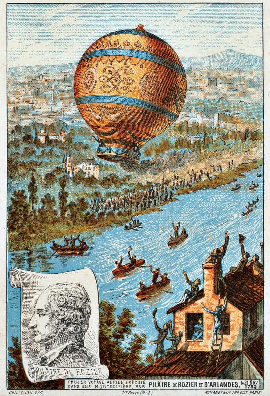 The first untethered balloon flight, by Rozier and the Marquis d'Arlandes on 21 November 1783