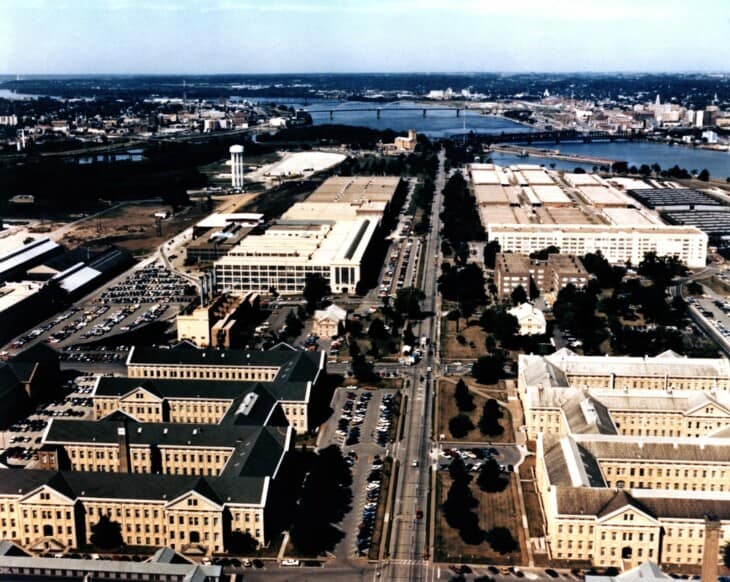 aerial view of the rock island arsenal looking west