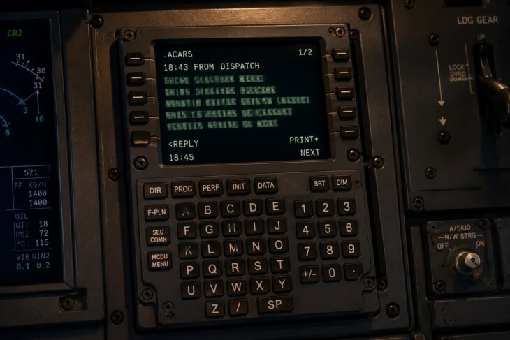 Close-up of an ACARS datalink display in a commercial aircraft cockpit showing a dispatcher message on the screen, surrounded by instrument panel controls