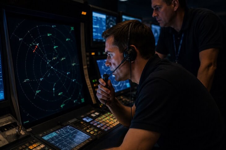 Air traffic controller at radar scope responding to an emergency, one aircraft target highlighted among others with a supervisor standing nearby