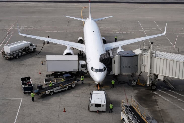 Multiple ground service vehicles working simultaneously around a narrow-body aircraft during a gate turnaround