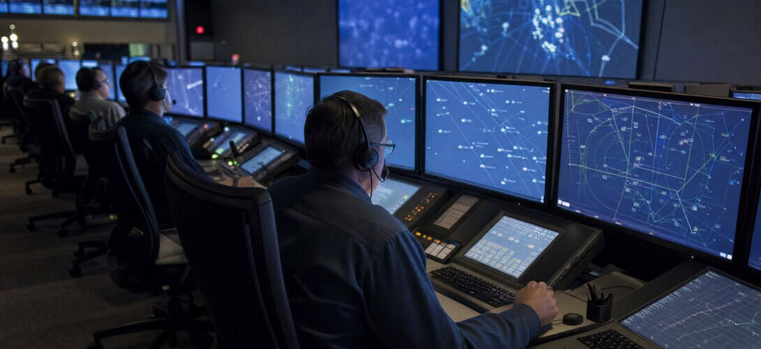 Oceanic air traffic control operations centre with controllers at glowing workstations monitoring transatlantic traffic