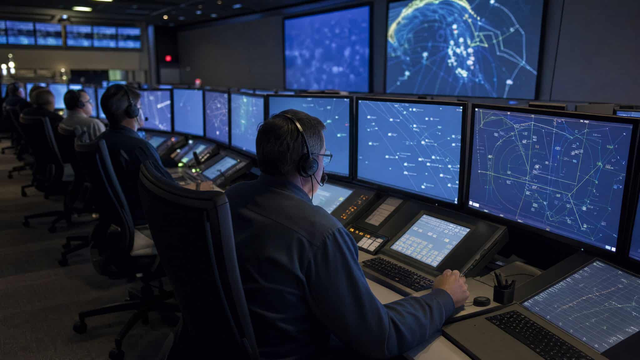 Oceanic air traffic control operations centre with controllers at glowing workstations monitoring transatlantic traffic
