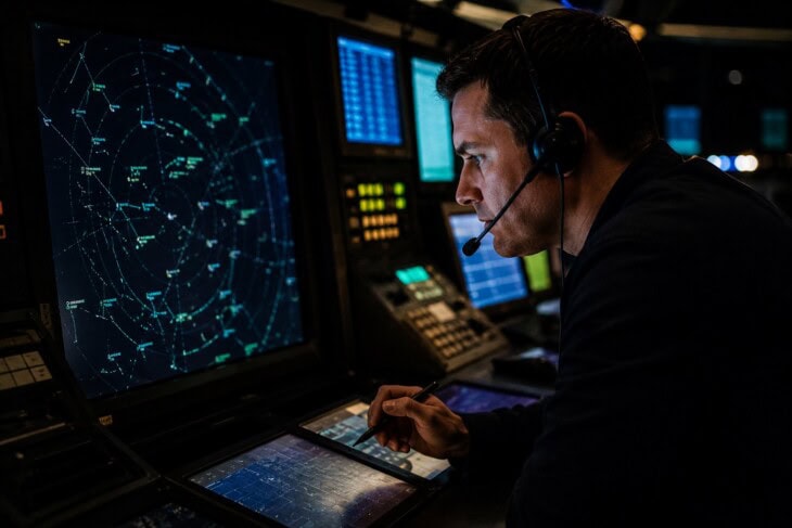 Air traffic controller at a radar workstation monitoring aircraft positions, the scope illuminating the darkened room