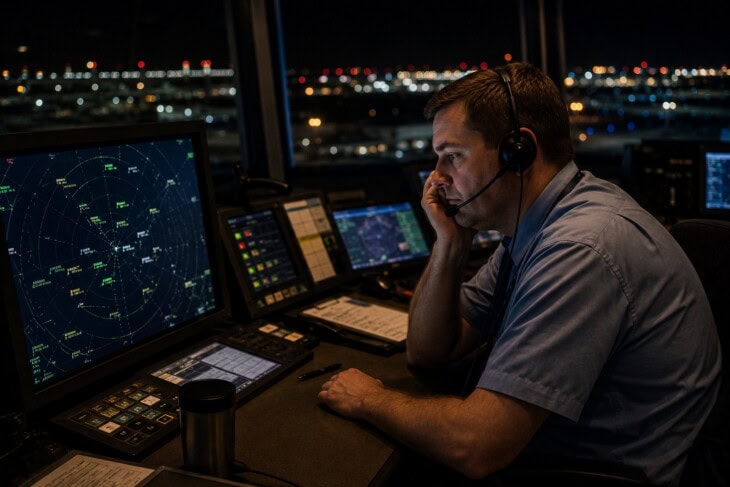 Air traffic controller at workstation late in a long shift, fatigue visible in posture while still monitoring live radar traffic