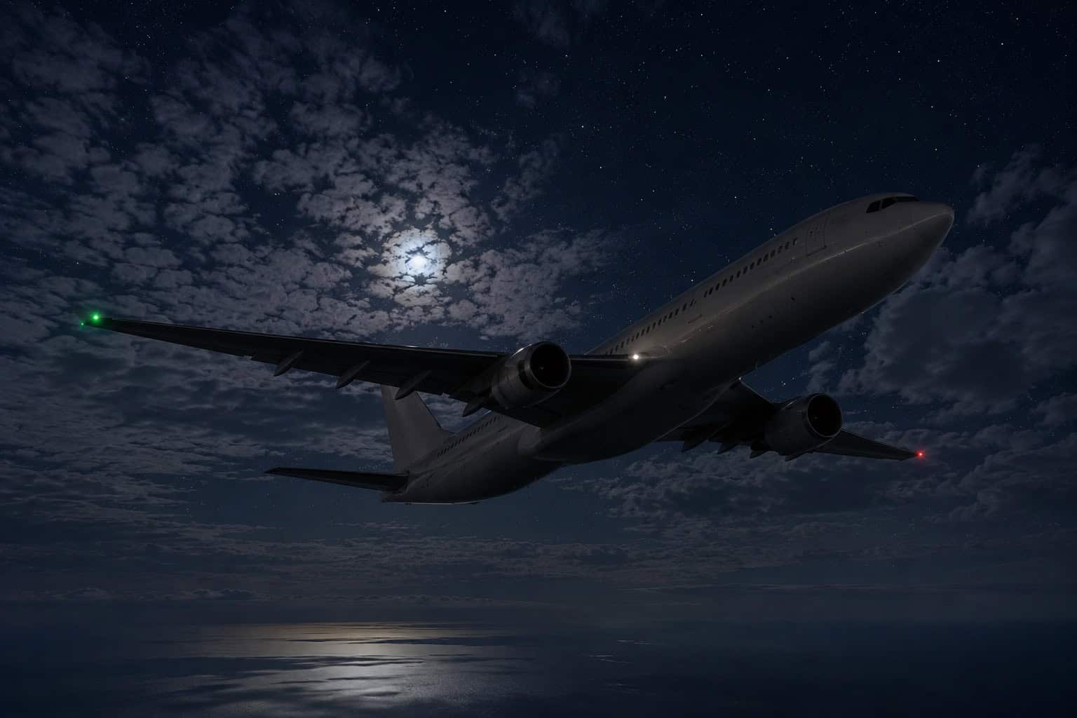 Airbus A330 wide body aircraft in level cruise flight over the Atlantic Ocean at night