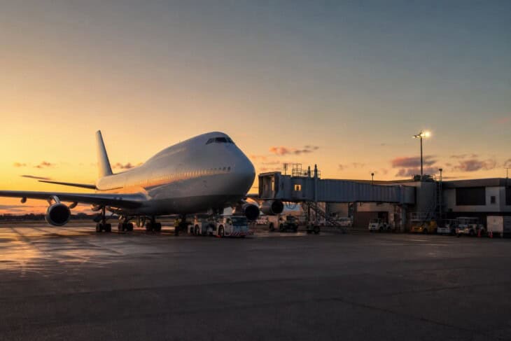 A commercial passenger aircraft parked at a small regional airport after an unplanned diversion