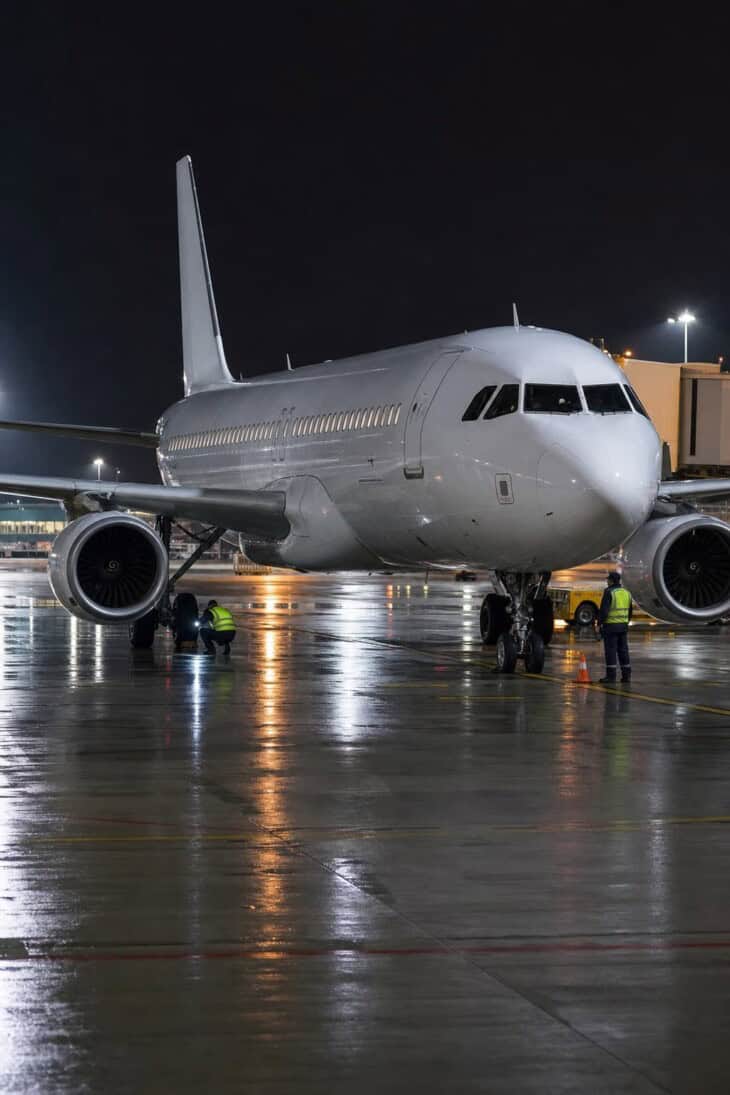 Commercial aircraft parked at a gate at night with maintenance technicians in high-visibility vests performing an inspection near the landing gear, ramp lit by floodlights