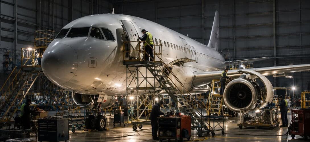 Aircraft in maintenance hangar at night