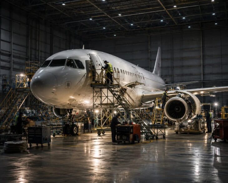 Commercial aircraft inside a maintenance hangar at night with scaffolding and work platforms around the fuselage, maintenance engineers in overalls working under industrial lighting with one engine cowling open
