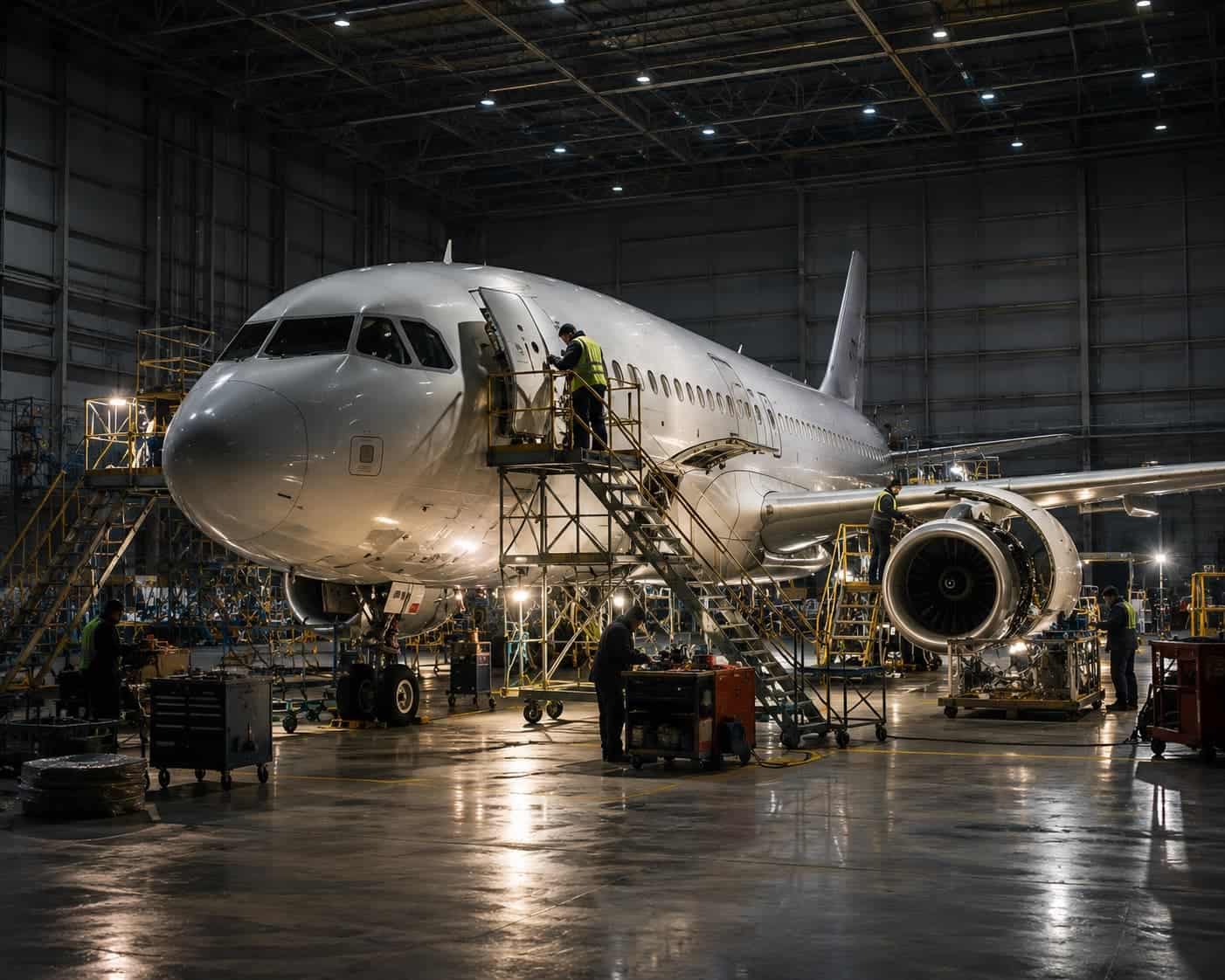 Aircraft in maintenance hangar at night