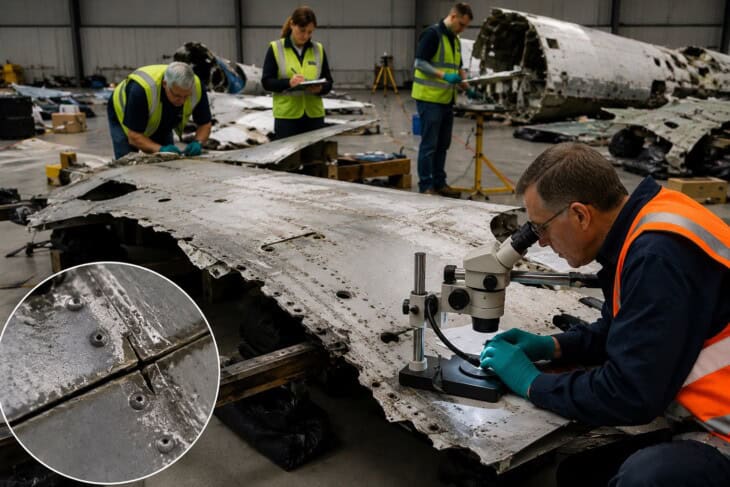 Aviation investigators examining aircraft fuselage structure for metal fatigue damage in an accident investigation hangar