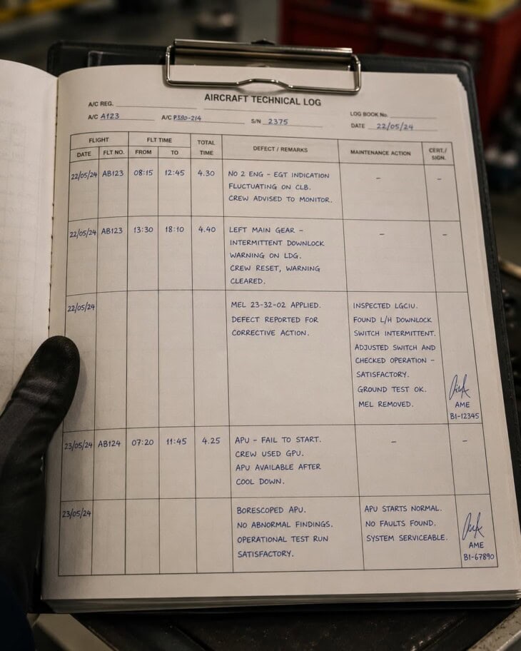 Close-up of an open Aircraft Technical Log on a clipboard with handwritten maintenance entries, defect descriptions, and a signature line visible on the page