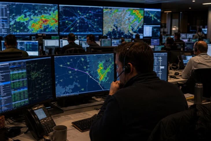 Airline operations control centre with dispatchers coordinating a flight diversion at night