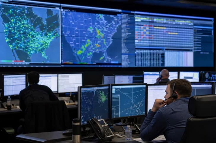 Airline operations control centre with controllers monitoring flights during a disruption