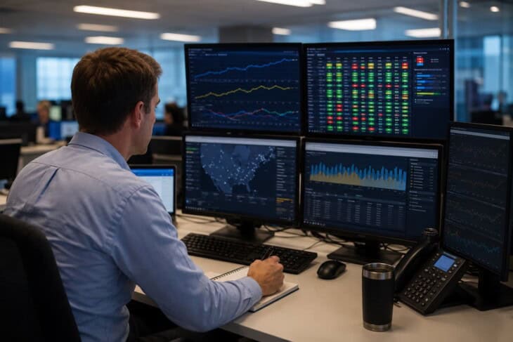 Airline revenue management analyst working at a multi-screen workstation showing booking demand data