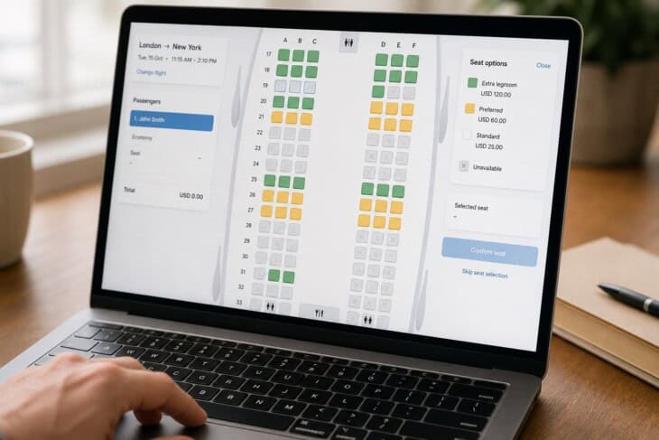 Airline seat map on a laptop screen showing seats at different price tiers