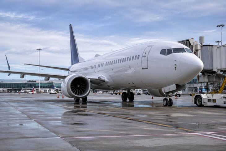A Boeing 737 MAX aircraft on a taxiway, the distinctive LEAP engine nacelle visible under the wing, photographed from a low angle in daylight