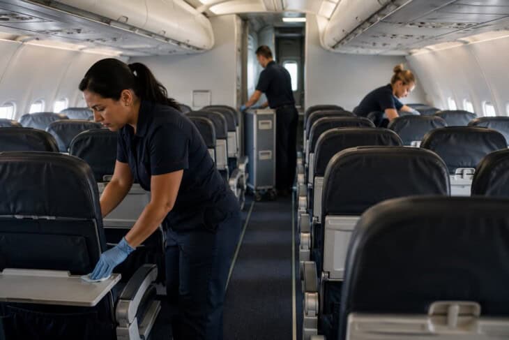 Cleaning crew and catering team working inside an empty narrow-body cabin between flights