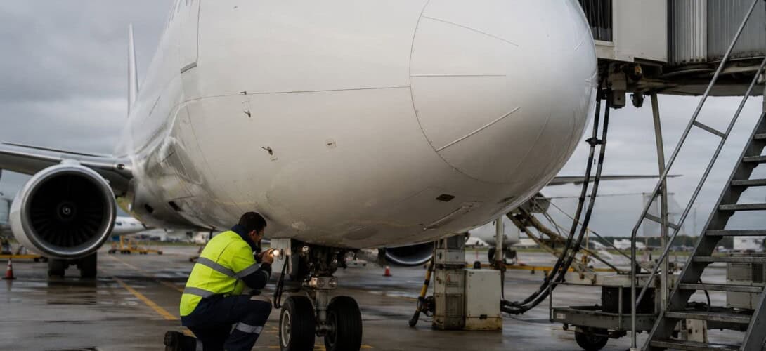 Commercial aircraft at gate being inspected