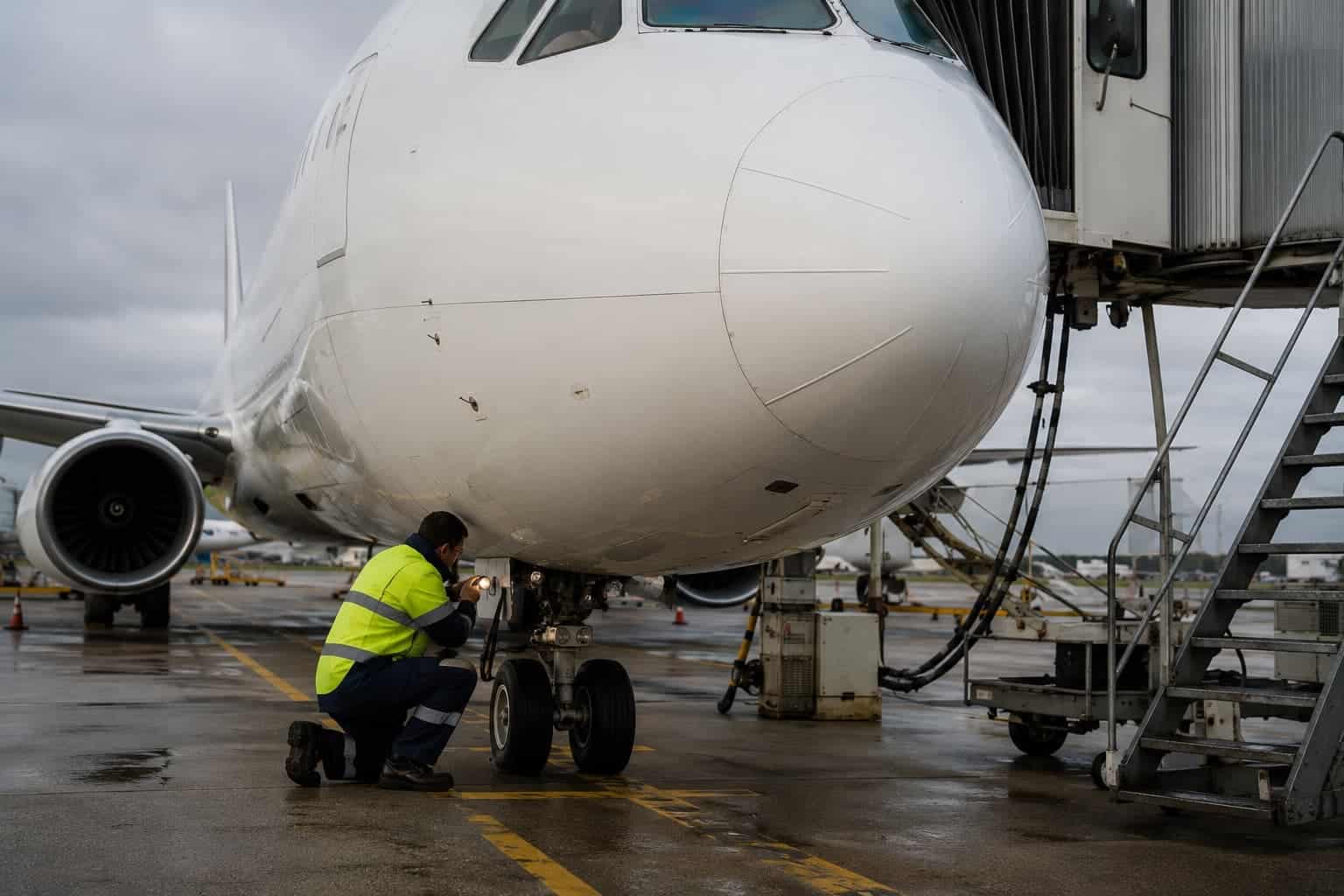 Commercial aircraft at gate being inspected