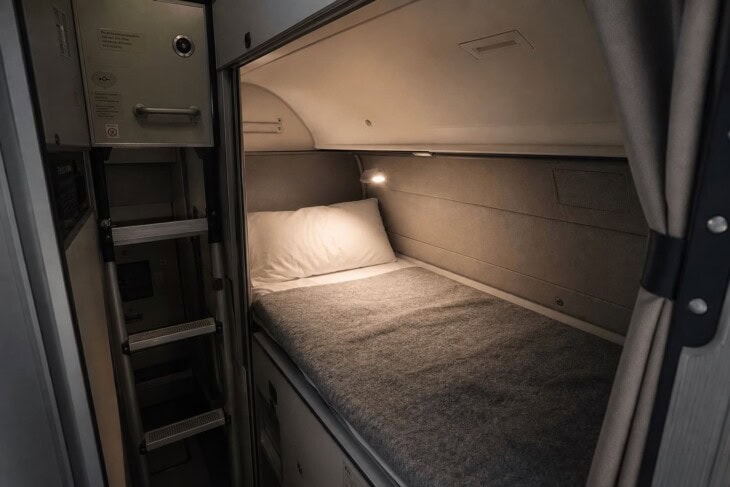 A crew rest bunk compartment on a long-haul commercial aircraft