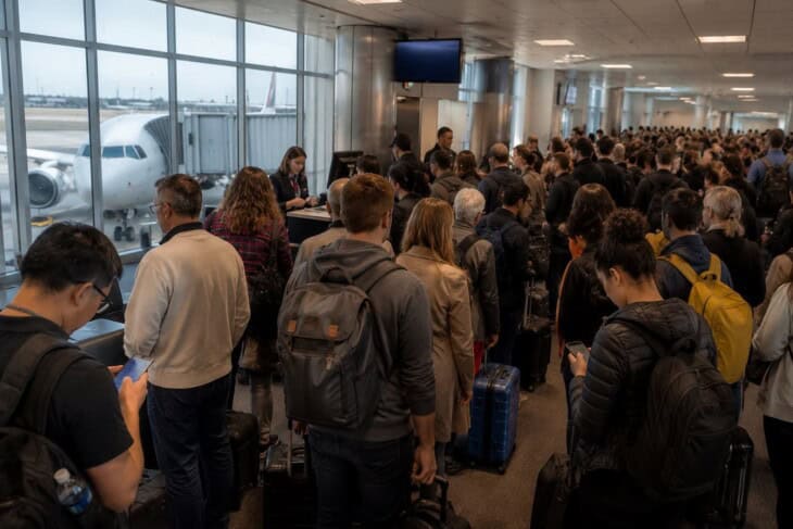 Crowded airport gate boarding queue