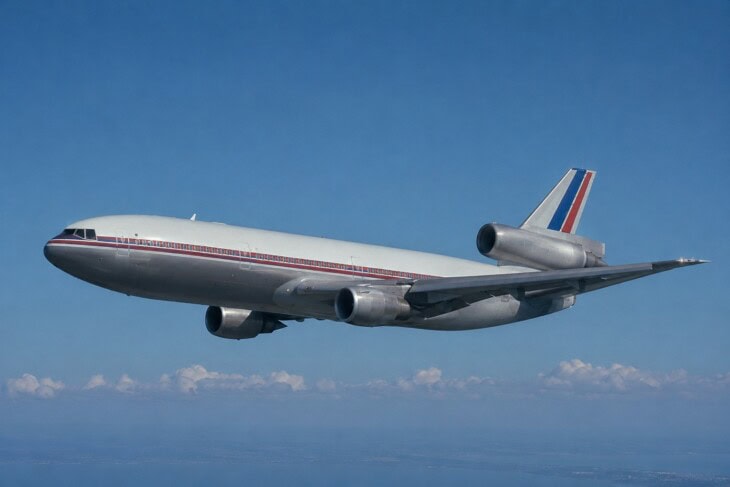 A McDonnell Douglas DC-10 commercial aircraft in flight, showing the distinctive tail-mounted third engine