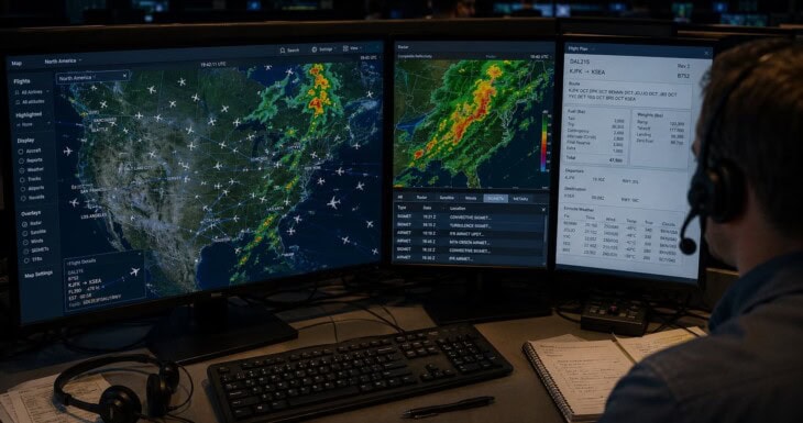 Close-up of an airline dispatcher's workstation showing multiple monitors with live flight tracking, weather radar, and a flight plan document with fuel calculations